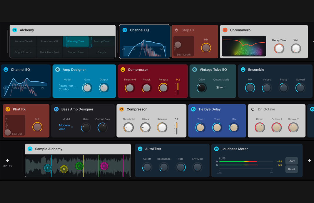 Une mosaïque de modules dans Logic Pro sur iPad Pro.