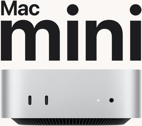 Vorderansicht eines Mac mini in Silber mit den Anschlüssen vorn und der Statusanzeige.