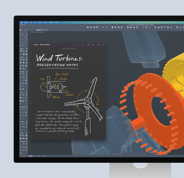 Tela mostrando um projeto aberto no Autodesk AutoCAD, incluindo desenhos e a anotações.