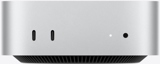 Front view of silver Mac mini showing front ports: two USB-C ports and 3.5 mm headphone jack