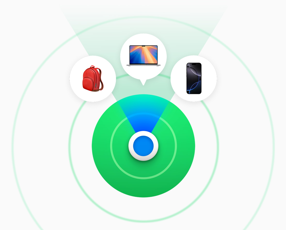 Image demonstrating the FindMy app and some of the devices it can track, including a Mac laptop and an iPhone.