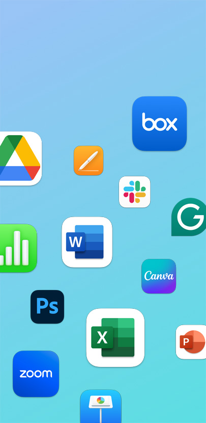 Various app icons in a scattered array, including Zoom, Adobe Photoshop, Microsoft Excel, and Slack.