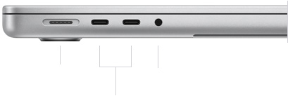 MacBook Pro de 14 polegadas com chip M4 Pro ou M4 Max. O computador está fechado, mostrando na lateral esquerda a porta MagSafe 3, duas portas Thunderbolt 5 e a entrada para fones de ouvido.