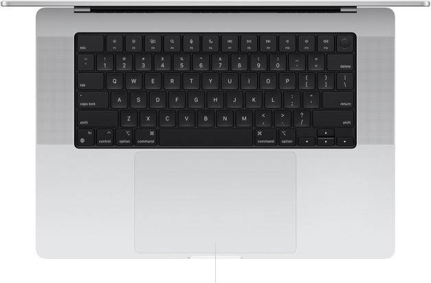 Imagem de cima do MacBook Pro de 16 polegadas mostrando o trackpad Force Touch localizado abaixo do teclado.