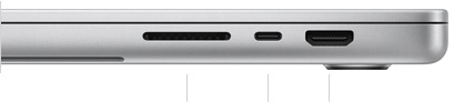 MacBook Pro de 16 polegadas. O computador está fechado, mostrando na lateral direita o slot para cartão SDXC, uma porta Thunderbolt 5 e a porta HDMI.