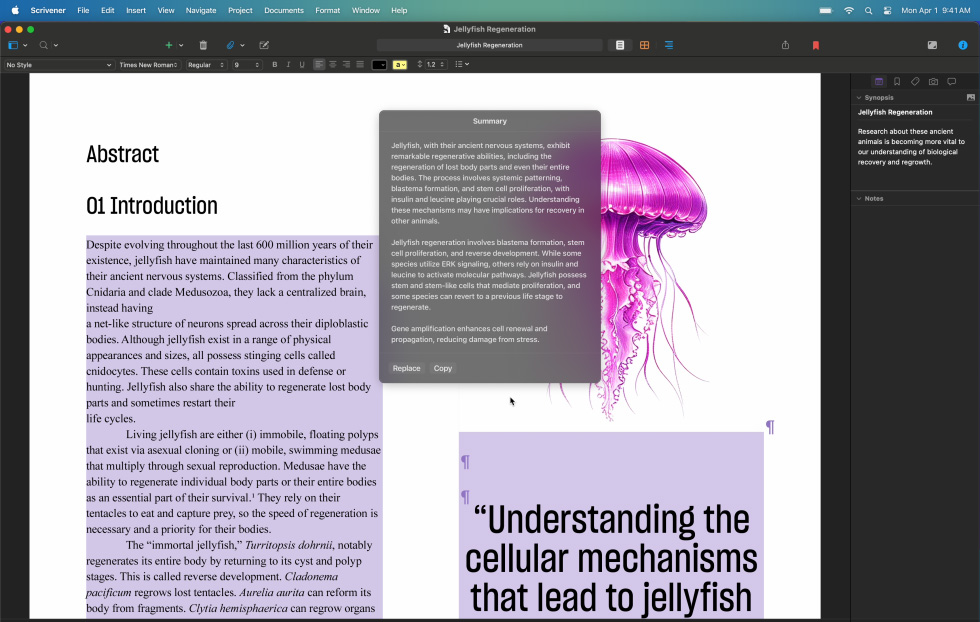 Uso das Ferramentas de Escrita da Apple Intelligence para resumir um trecho de um artigo acadêmico sobre águas-vivas, gerando uma síntese de vários parágrafos em poucas frases