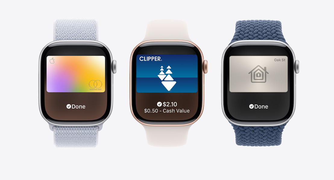 Three Apple Watch Series 10. The first shows Apple Card being used with Apple Pay. The second shows a transit card being used with the Wallet App. The third shows a home key being used through the Wallet app.