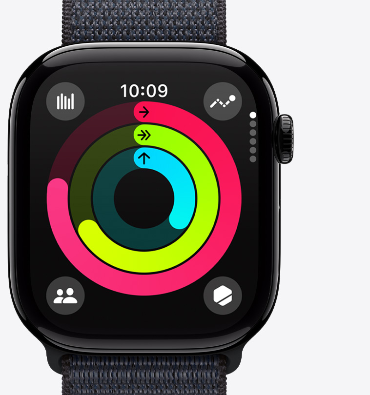 Front view of the Activity rings app on Apple Watch Series 10.